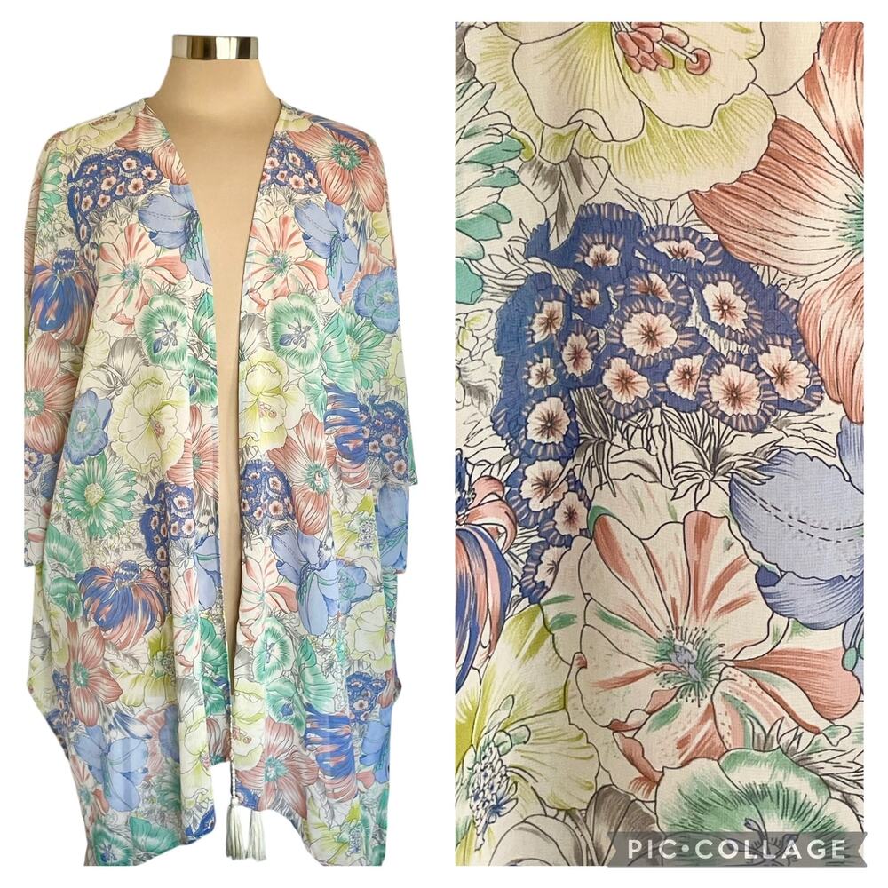 Umgee Cream Blue Green Floral Chiffon Kimono Tasseled M/L Boho Soft Girl Cottage